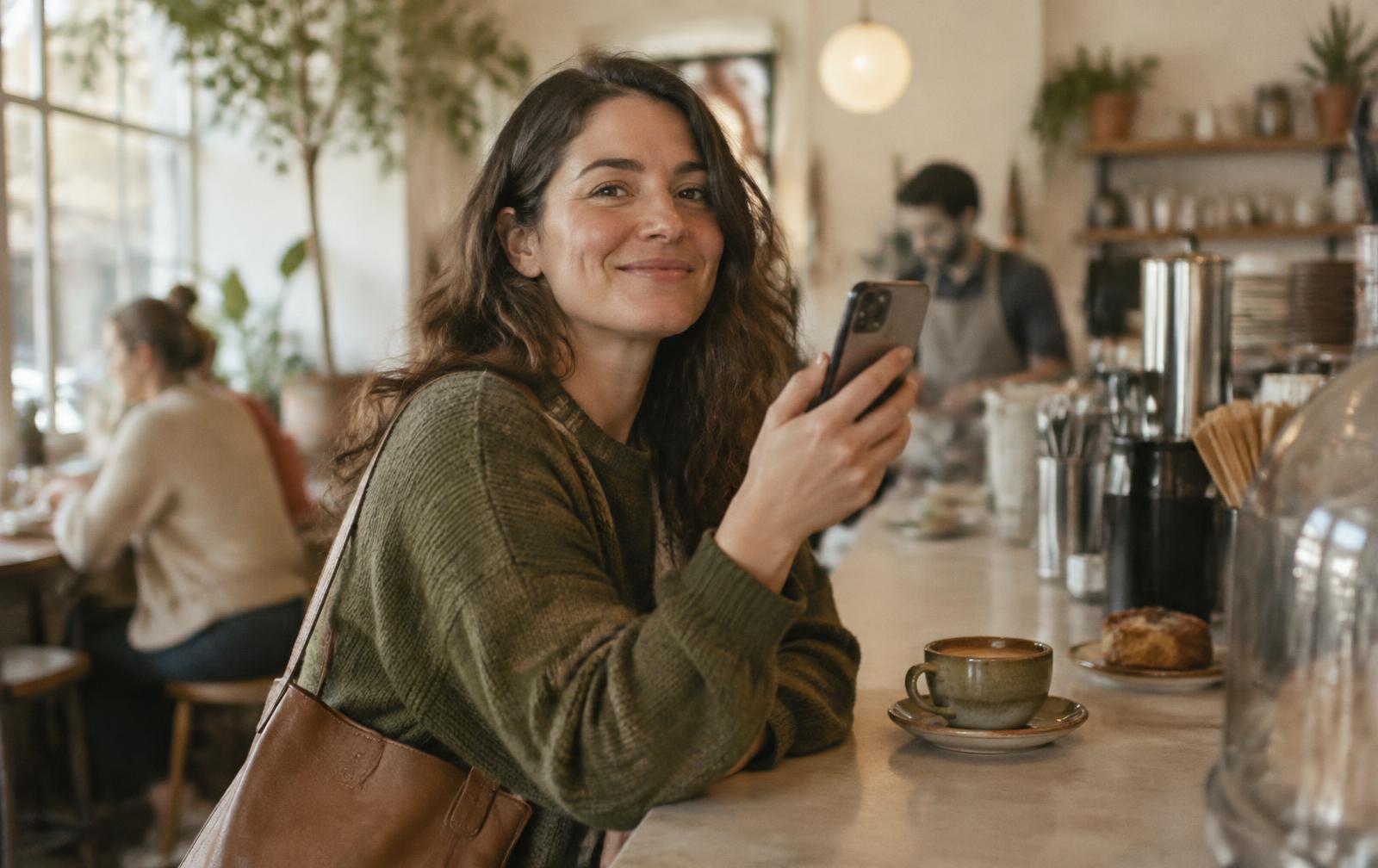 Customer checking her age on a phone at a café